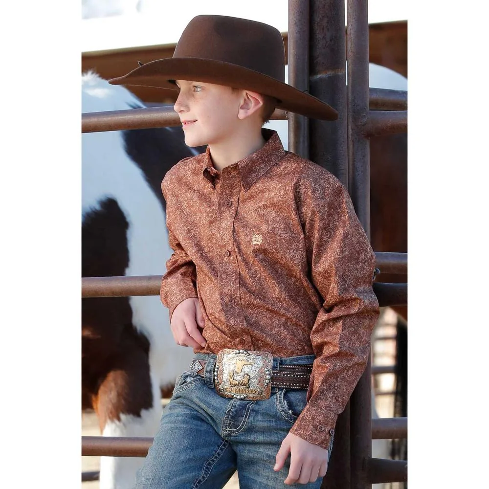 Cinch Boys Brown Print Button Shirt