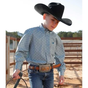 Cinch Boys Green Print Long Sleeve Button Down Shirt