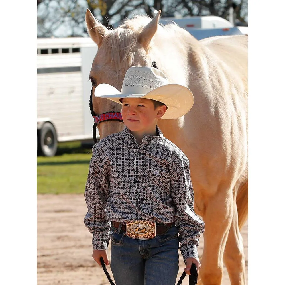 Cinch Boys Grey Geo Print Long Sleeve Button Down Shirt