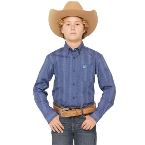 Cinch Boy's Royal Blue Print Long Sleeve Button Shirt