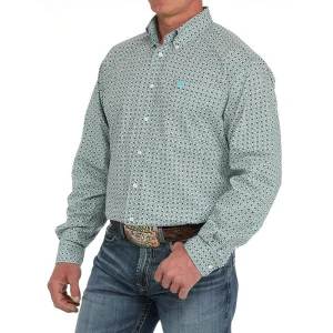 Cinch Mens Cream Geo Print Long Sleeve Button Down Shirt
