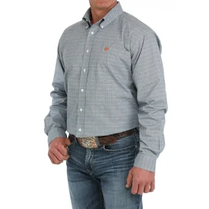 Cinch Mens White/Blue Plaid Classic Fit Long Sleeve Button Down Shirt