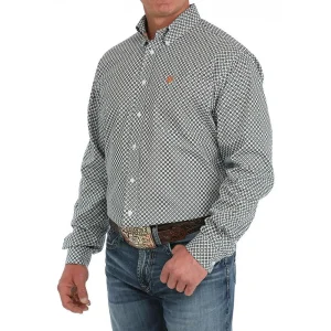 Cinch Mens White Geometric Print Classic Fit Long Sleeve Button Down Shirt