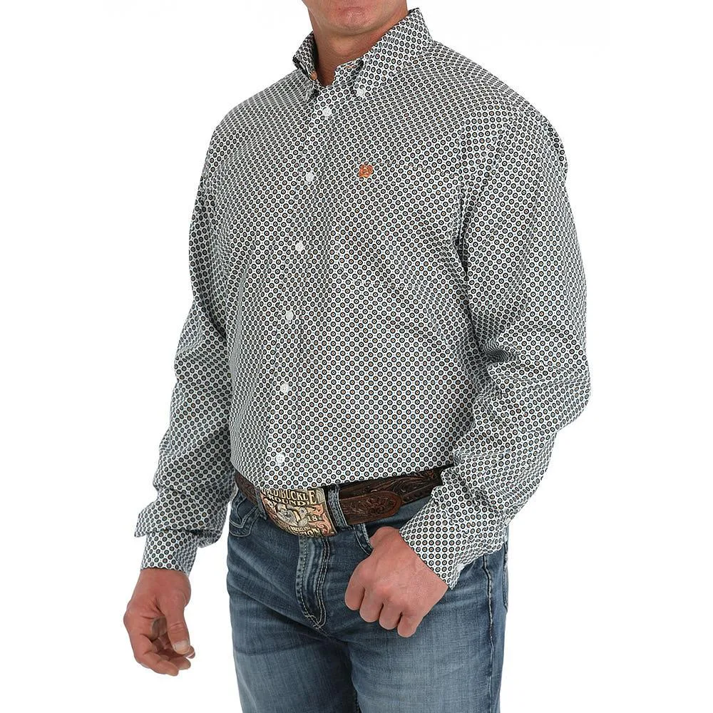 Cinch Mens White Geometric Print Classic Fit Long Sleeve Button Down Shirt