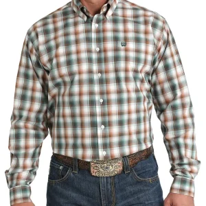 Cinch Mens White Plaid Long Sleeve Button Up Shirt