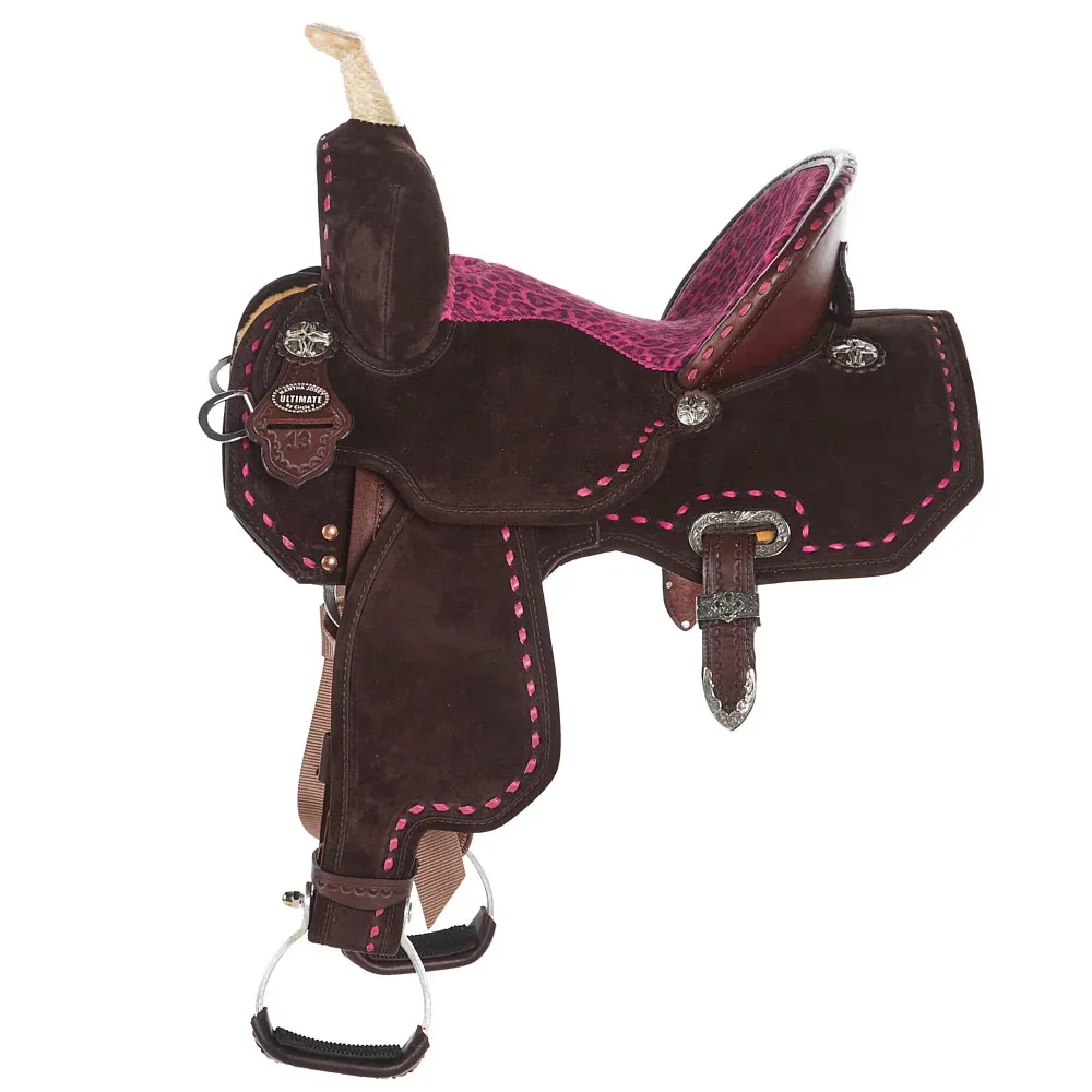Circle Y Saddlery Lightweight Lightspeed Hot Pink Cheetah Buckstitch 13 Inch Barrel Saddle - Image 2