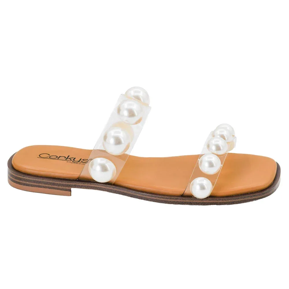 Corkys Footwear Women's Clear Catch A Buzz Pearl Flat Sandal