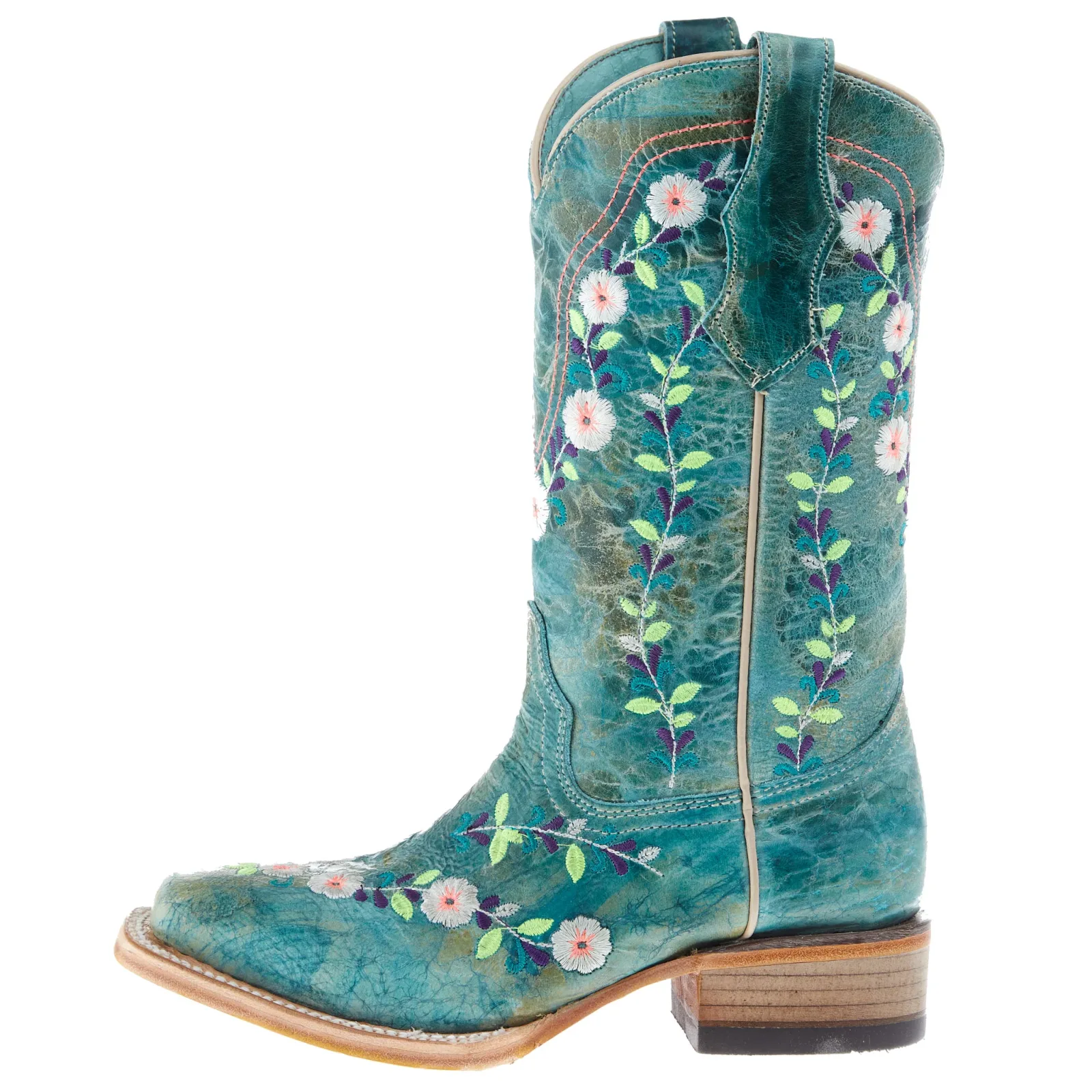 Corral Kids Turquoise Flowered Embroidery 10 In Turquoise Crater Top Boot - Image 2