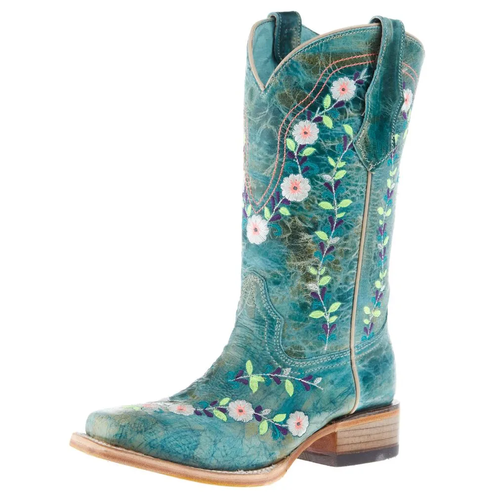 Corral Kids Turquoise Flowered Embroidery 10 In Turquoise Crater Top Boot