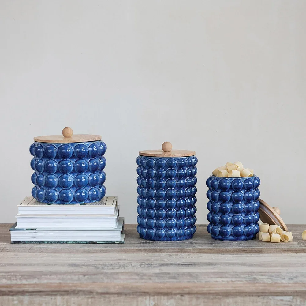Creative Co-Op Blue Raised Dots Hobnail Canister with Lid - Image 2