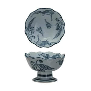 Creative Co-Op Floral Stamped Stoneware Footed Bowl