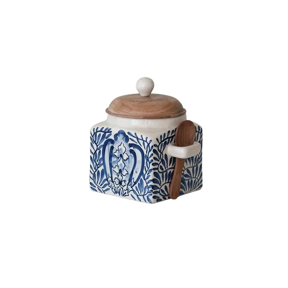 Creative Co-Op Hand Painted Canister with Lid & Spoon