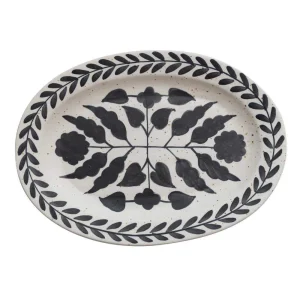 Creative Co-Op Stoneware Black and Cream Floral Platter