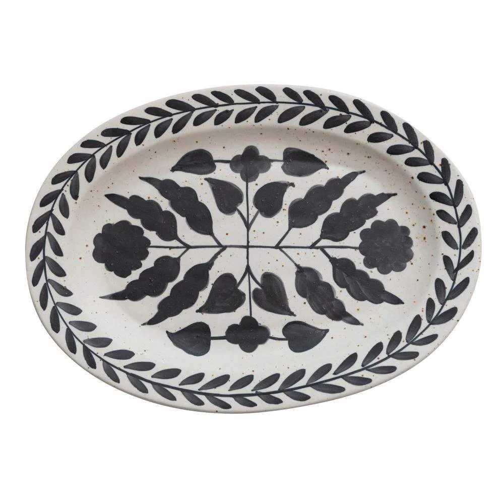 Creative Co-Op Stoneware Black and Cream Floral Platter