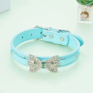Cute PU Leather Dog Puppy Collar Bling Rhinestone Bowknot Chihuahua Collar for Small Medium Larger Dog XXS-XL