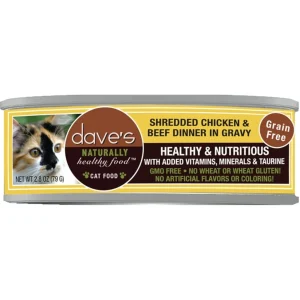 Dave's Pet Food Cat Grain Free Shredded Chicken & Beef in Gravy, 2.8 oz Can