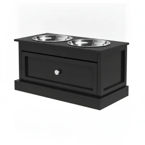 Dog Bowls With Storage Drawer, Raised Dog Bowl Stand Pet Food Bowl Dog Feeding Station, Black