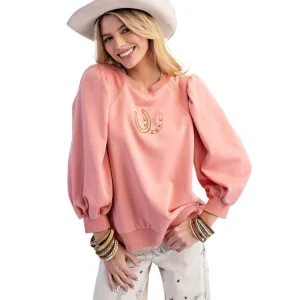 Easel Women's Coral Cream Horseshoe Embroidered Top