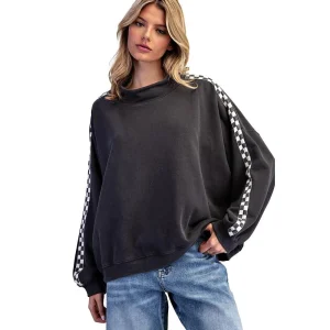 Ee Some Women's Ash Black Mineral Washed Checkered Pullover
