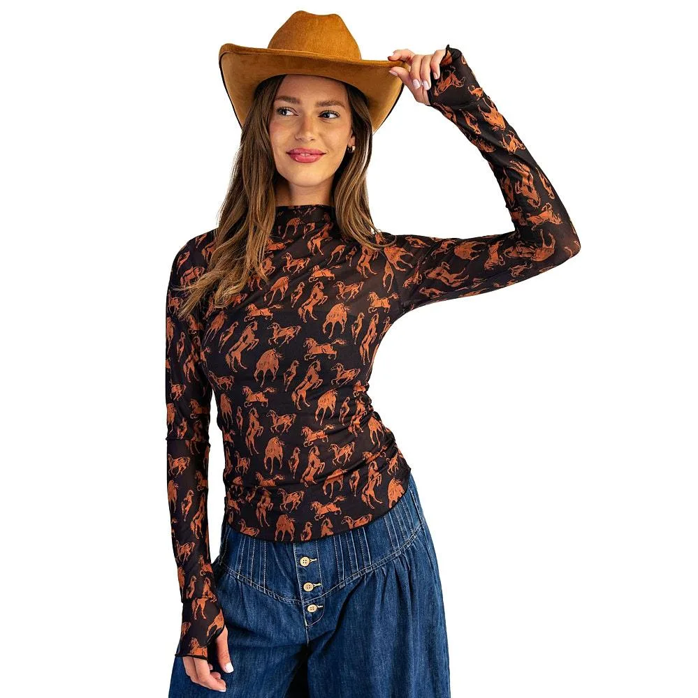 Ee Some Women's Black Horse Print Mesh Top