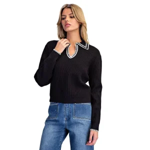 Ee Some Women's Black Whipstitch Collared Long Sleeve Knit Top