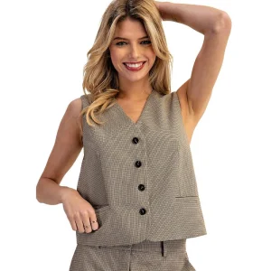 Ee Some Women's Camel Brown Check Button Vest
