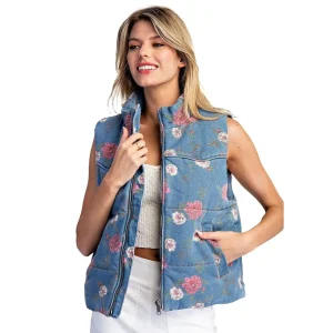 Ee Some Women's Denim Floral Denim Zip Up Vest