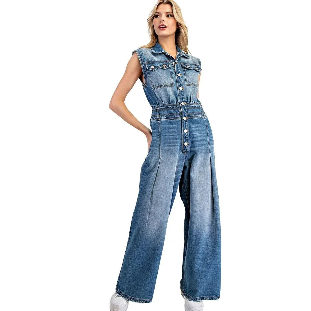Ee Some Womens Denim Sleeveless Jumpsuit