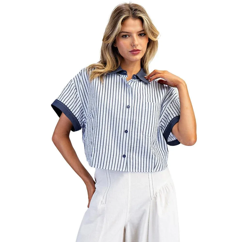 Ee Some Women's Indigo Contrast Striped Top