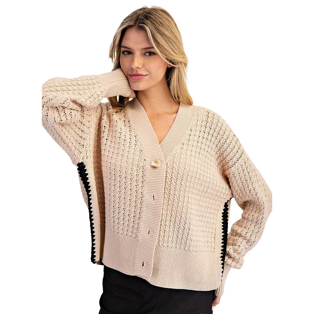 Ee Some Women's Sand Zig Zag Crochet Trim Cardigan - Image 2