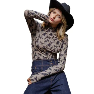 Ee Some Women's Taupe Western Horse Mesh Top