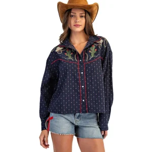 Ee Some Women's Western Navy Embroidered Button Top