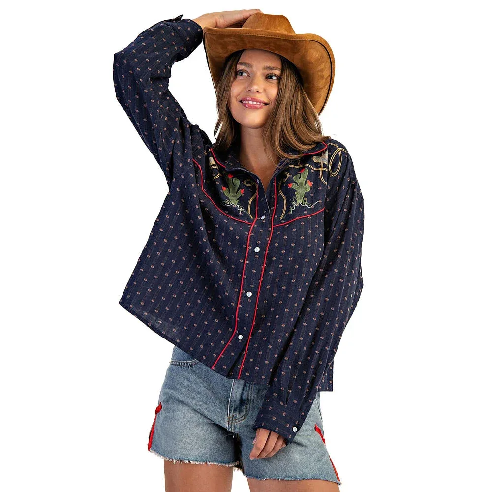 Ee Some Women's Western Navy Embroidered Button Top - Image 2
