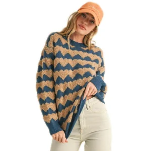En Merci Teal & Camel Fuzzy Textured Heart Stripe Sweater