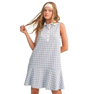 En Merci Wom Baby Blue Button Gingham Dress