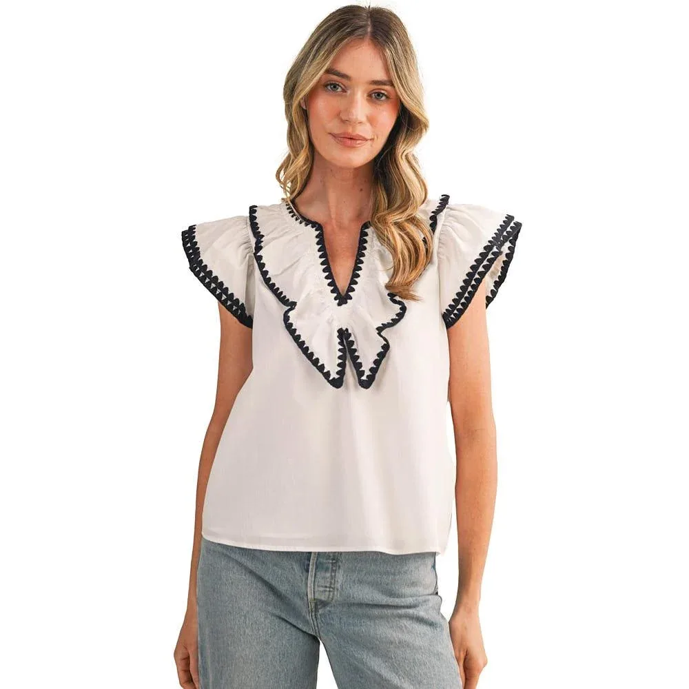 En Merci Wom Contrast Blanket Stitch Ruffle White Top