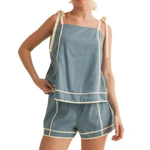 En Merci Wom Dusty Blue and Off White Short Set