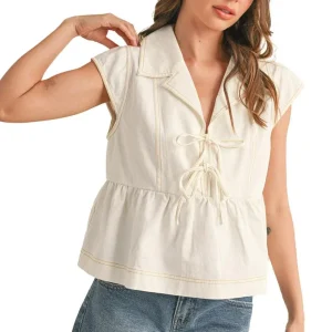 En Merci Wom Snow Denim Collared Tie Front Top