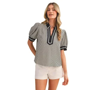 En Merci Wom Striped Contrast Black Top