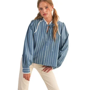 En Merci Wom Striped Puff Sleeve Blue Top