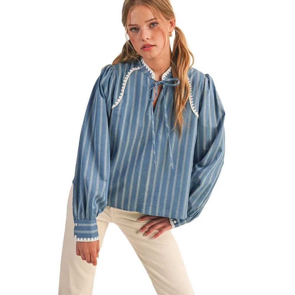En Merci Wom Striped Puff Sleeve Blue Top