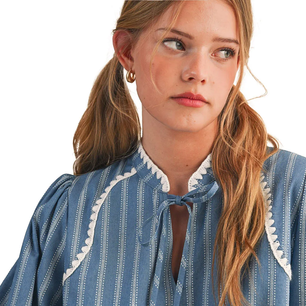 En Merci Wom Striped Puff Sleeve Blue Top - Image 2