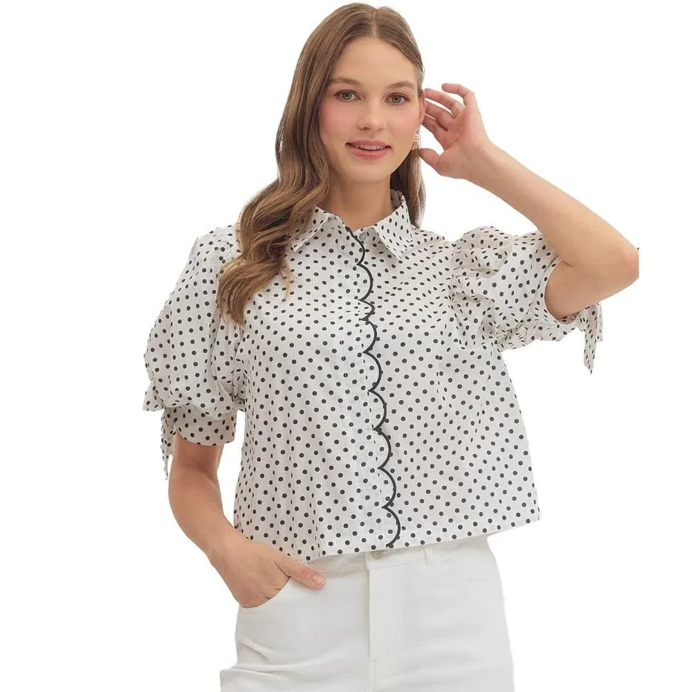 Entro Women's Black Dot Bow Sleeve Top