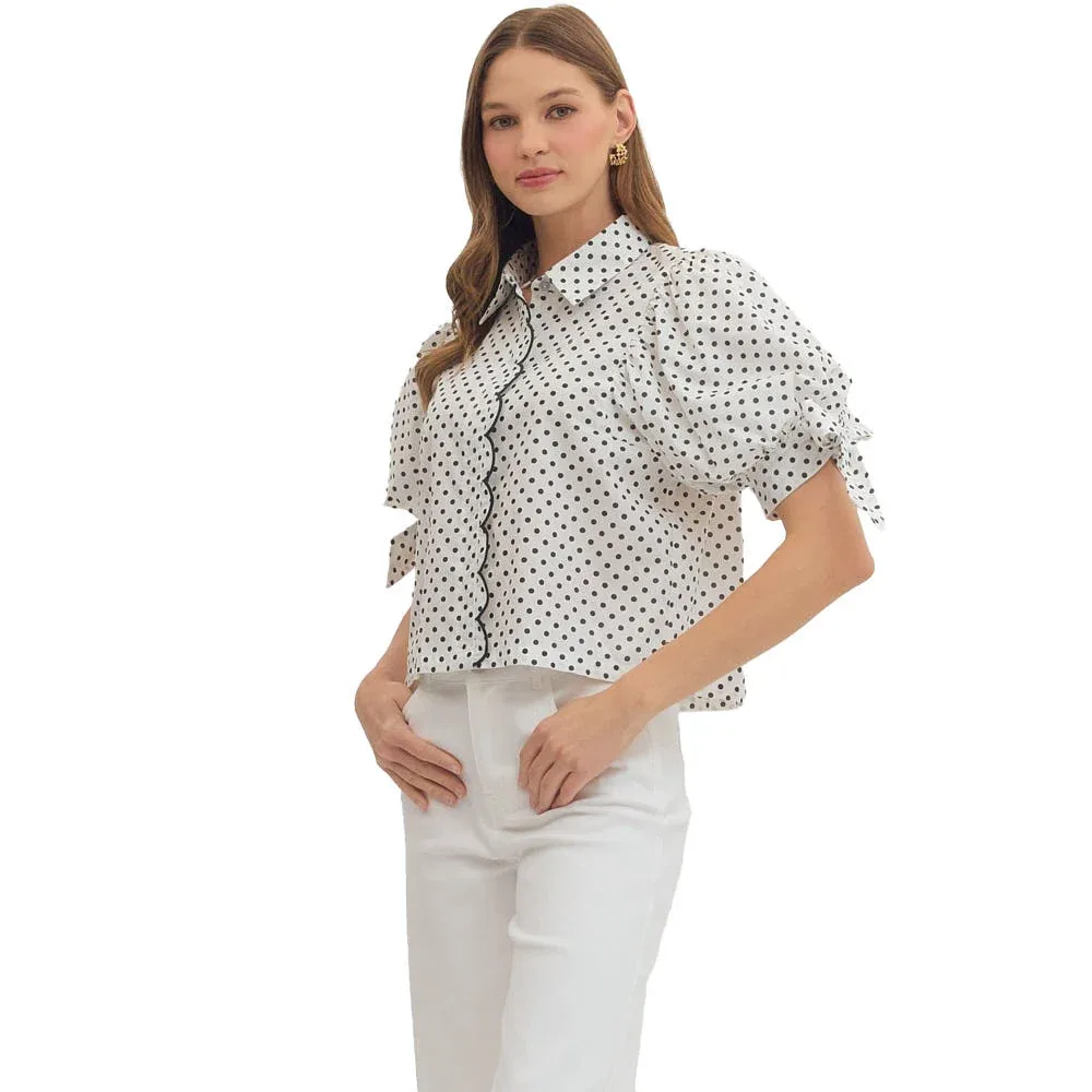 Entro Women's Black Dot Bow Sleeve Top - Image 2