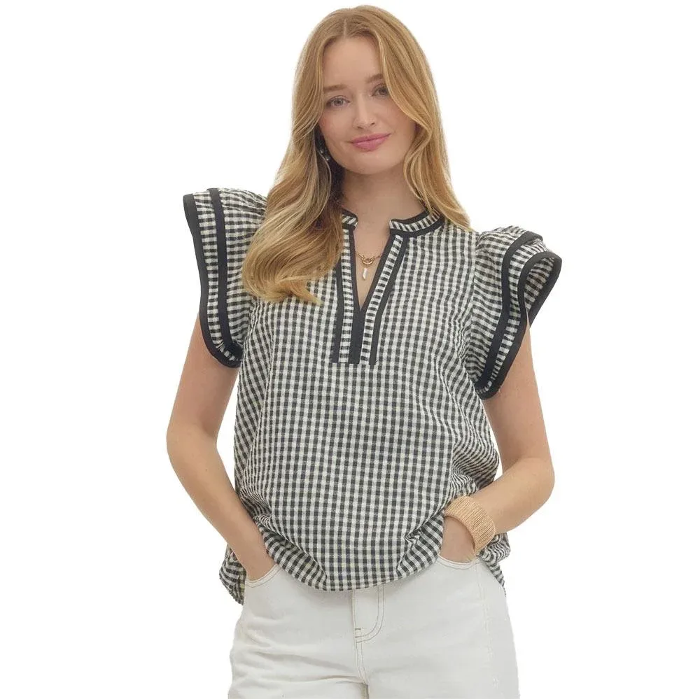 Entro Women's Black Gingham Flutter Sleeve Top