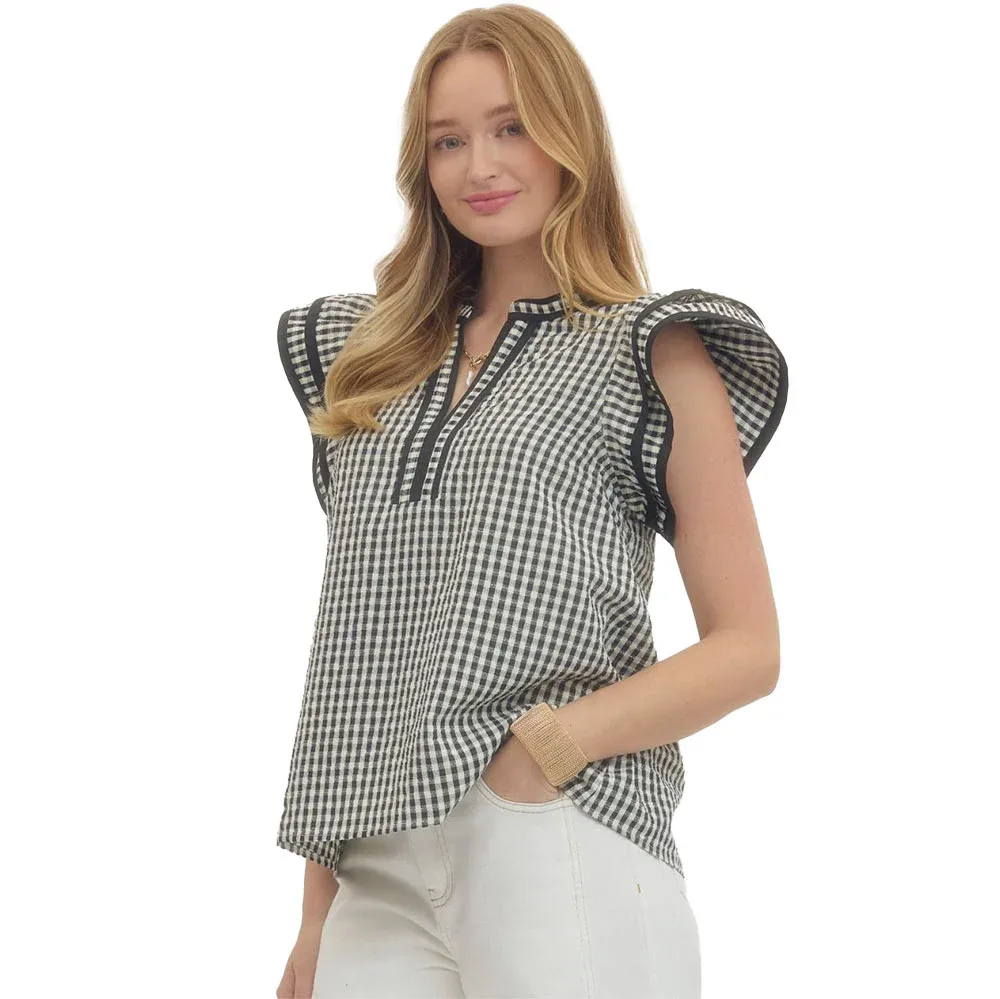 Entro Women's Black Gingham Flutter Sleeve Top - Image 2