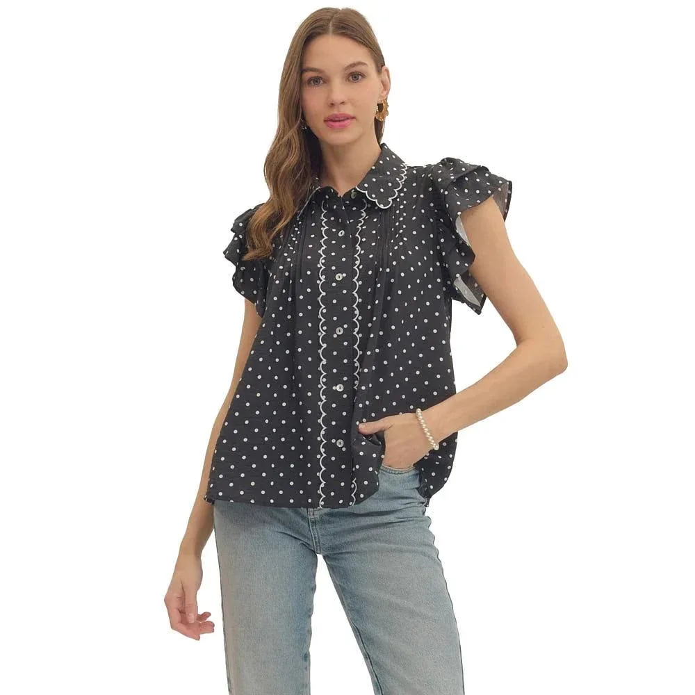 Entro Women's Black Polka Dot Flutter Sleeve Top