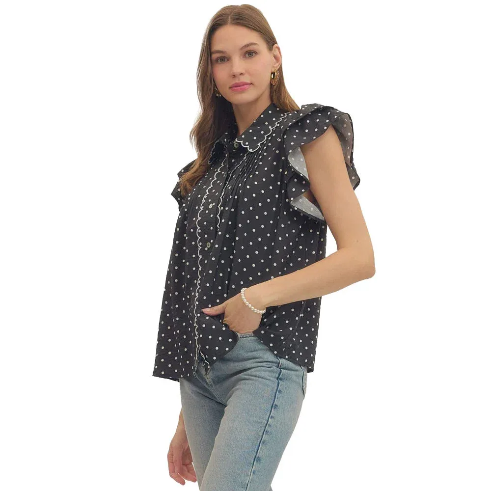 Entro Women's Black Polka Dot Flutter Sleeve Top - Image 2