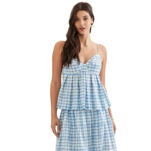 Entro Women's Blue Gingham Pleated Top