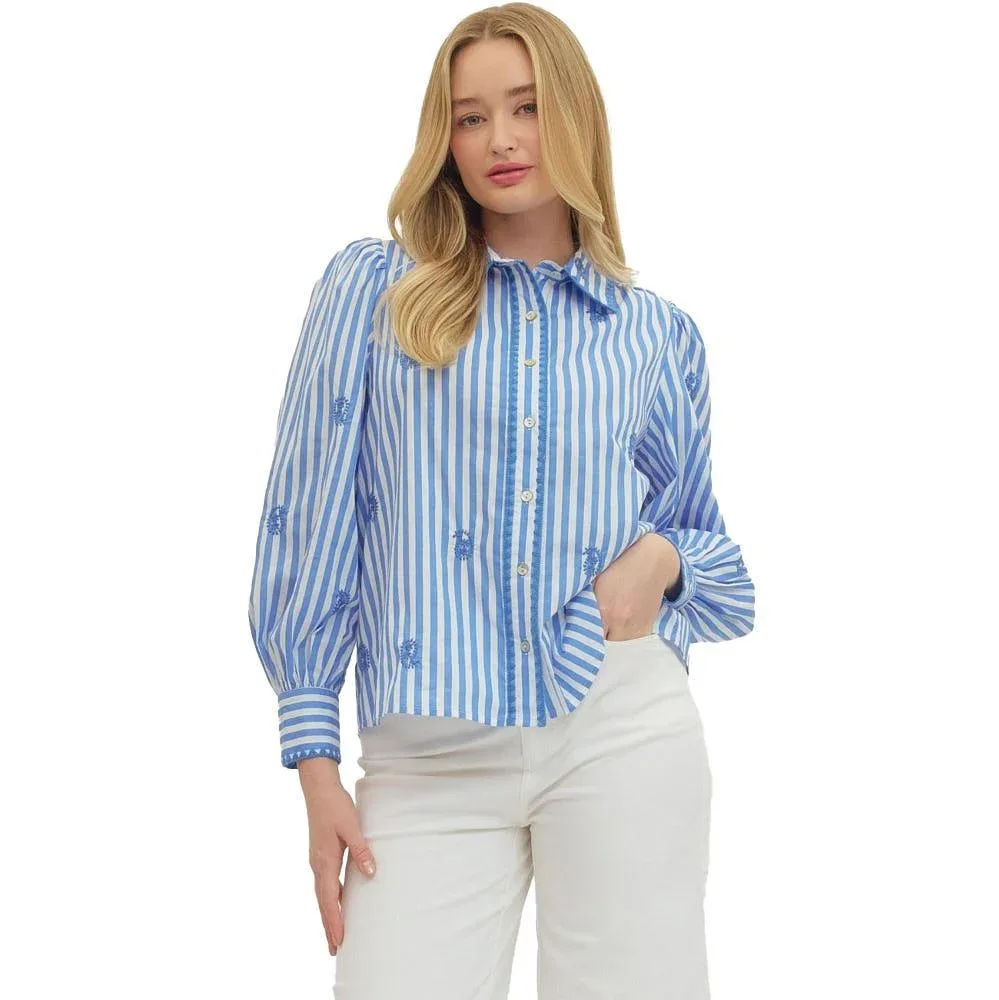 Entro Women's Blue Striped Embroidered Top